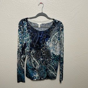 Long sleeve, Chico leopard/paisley print blue & grey tone. 79% rayon & 21% nylon